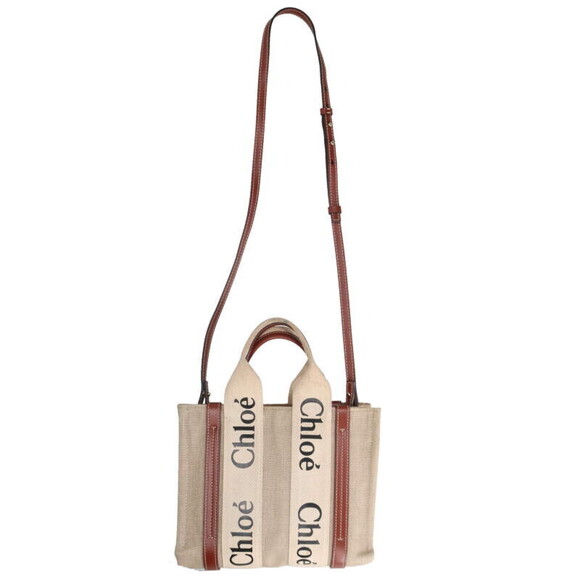 Chloe Woody Logo Canvas Handbag Beige Tan Brown - Picture 2 of 5
